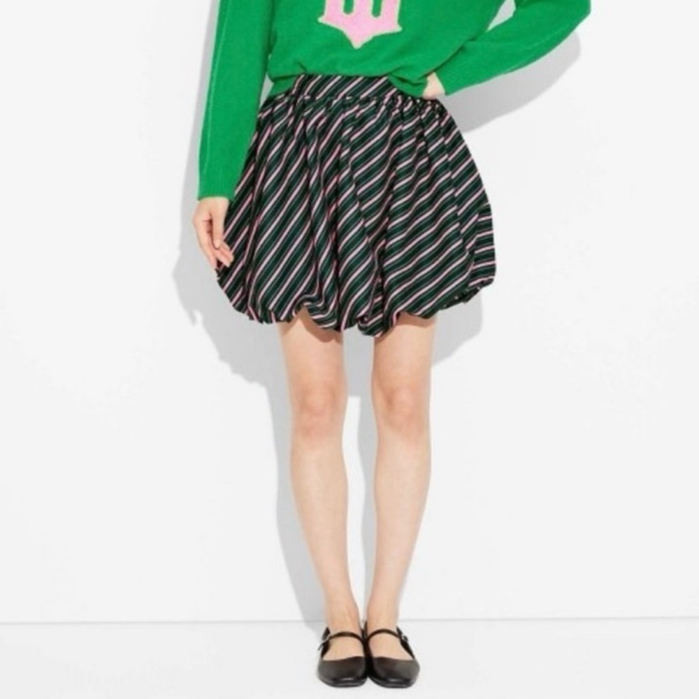 Wicked Women's Black Pink Green Striped Bubble Hem Mini Skirt New Size XS